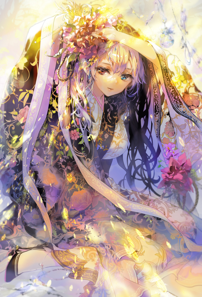 1girl 888myrrh888 arms_up bangs blue_eyes breasts floral_print flower heterochromia highres japanese_clothes jewelry kimono long_hair long_sleeves multicolored multicolored_hair original parted_lips pink_flower red_eyes red_flower sitting solo tagme tassel wide_sleeves