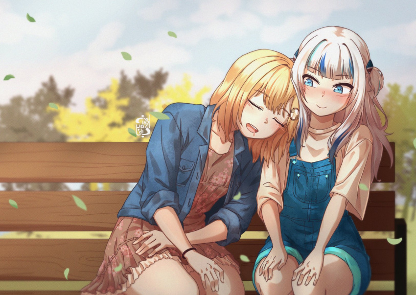 2girls alternate_costume bench blonde_hair blue_eyes blue_hair blue_jacket blue_overalls blush brown_dress closed_eyes denim denim_jacket dress eyebrows_visible_through_hair floral_print gawr_gura highres hololive hololive_english iskaydi jacket leaf leaning_on_person looking_down multicolored_hair multiple_girls open_mouth overall_shorts park_bench silver_hair sleeping smile streaked_hair two_side_up virtual_youtuber watson_amelia yuri