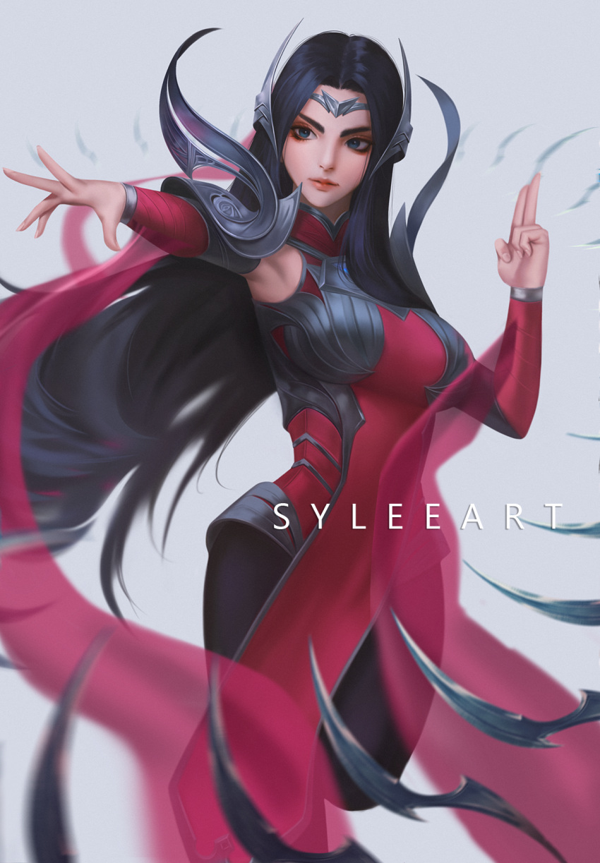 1girl armpits black_hair blue_eyes breasts floating floating_object floating_sword floating_weapon headgear highres irelia league_of_legends long_hair medium_breasts outstretched_arm solo sword sylee1 tagme weapon white_background