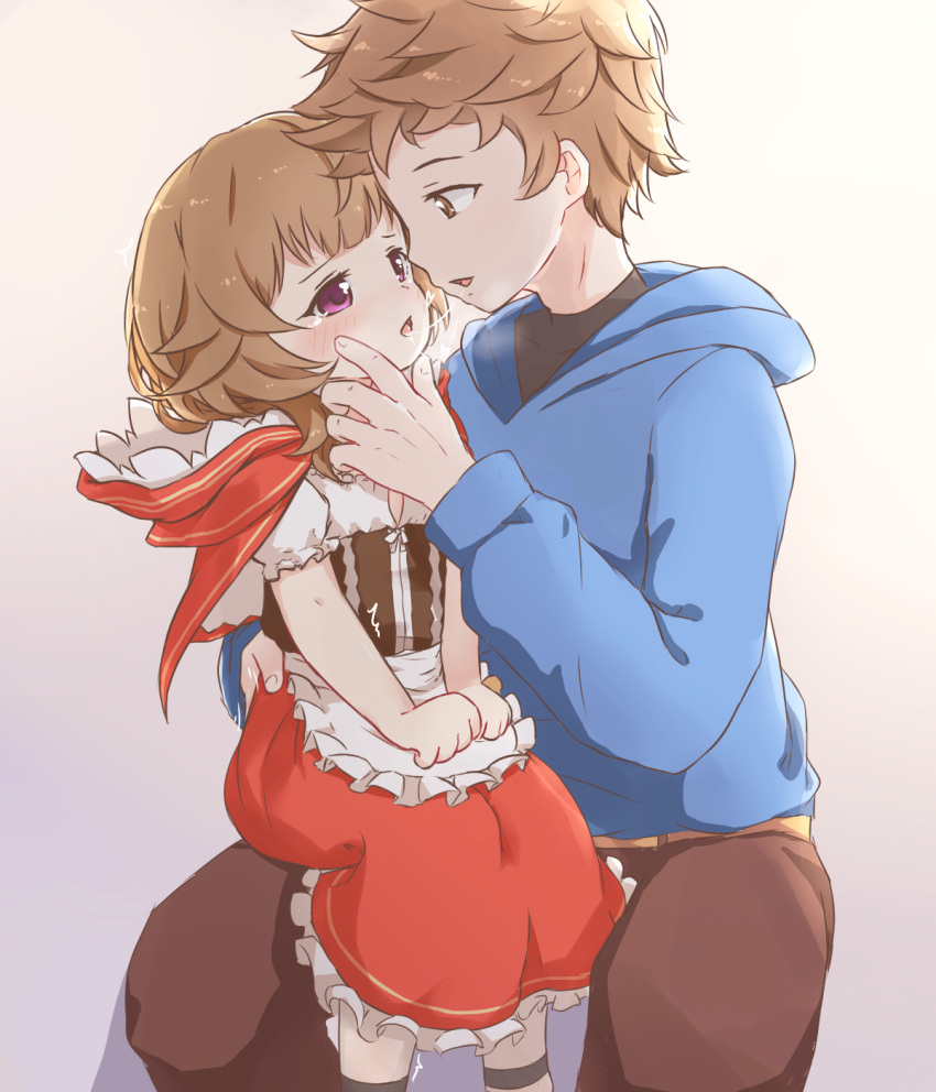 1boy 1girl after_kiss apron baigao blue_hoodie blush brown_eyes brown_hair capelet commentary eye_contact flat_chest frilled_apron frilled_skirt frills gradient gradient_background gran_(granblue_fantasy) granblue_fantasy hand_on_another's_chin heavy_breathing hetero highres hood hood_down hooded_capelet hoodie loli long_sleeves looking_at_another open_mouth red_skirt renie saliva saliva_trail short_hair short_sleeves simple_background skirt tearing_up violet_eyes waist_apron