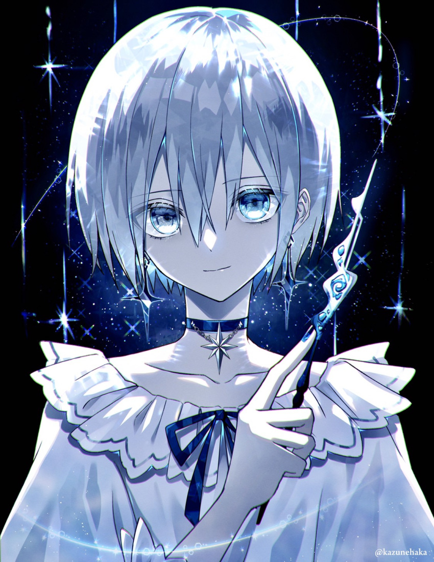 1boy black_background black_neckwear closed_mouth collarbone earrings heterochromia highres jewelry kazunehaka light_smile looking_at_viewer nail_polish original pointing pointing_up portrait shirt short_hair silver_hair star_ornament white_shirt