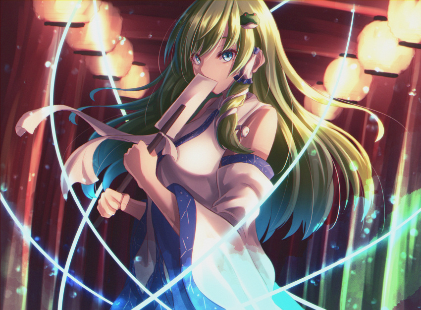 1girl absurdres bangs bare_shoulders blue_eyes blue_skirt breasts commentary_request commission covering_mouth detached_sleeves eyebrows_behind_hair fisheye frog_hair_ornament gohei green_hair hair_ornament hair_tubes highres holding holding_stick huge_filesize kochiya_sanae lantern large_breasts lens_flare light_trail long_hair looking_at_viewer paper_lantern shiranui_(wasuresateraito) shirt sidelocks skeb_commission skirt snake_hair_ornament solo standing stick swept_bangs touhou upper_body white_shirt wide_sleeves