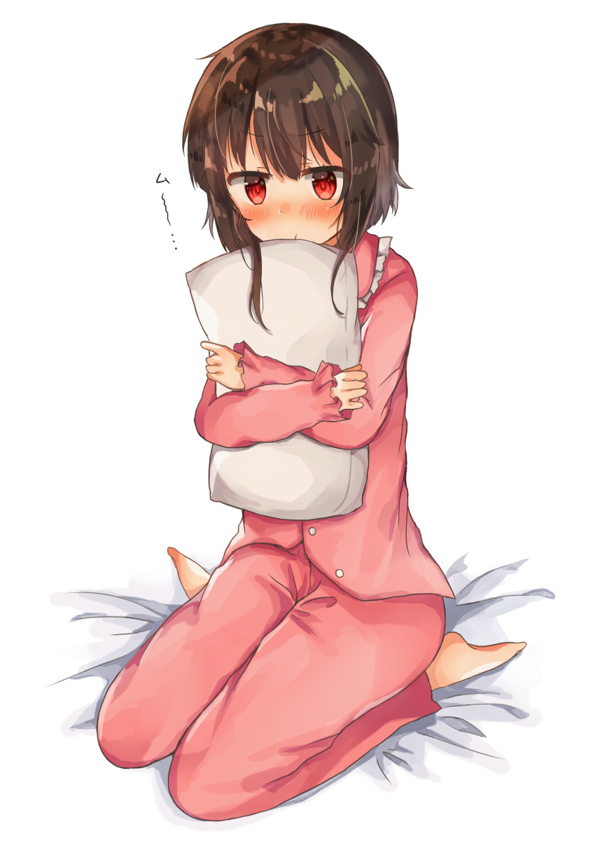 absurdres annoyed barefoot bed_sheet blush brown_hair commentary embarrassed face_in_pillow furrowed_eyebrows highres kono_subarashii_sekai_ni_shukufuku_wo! megumin nose_blush on_bed pajamas pillow pillow_hug pink_pajamas red_eyes short_hair short_hair_with_long_locks simple_background sitting translated wariza white_background yuno_(suke_yuno)