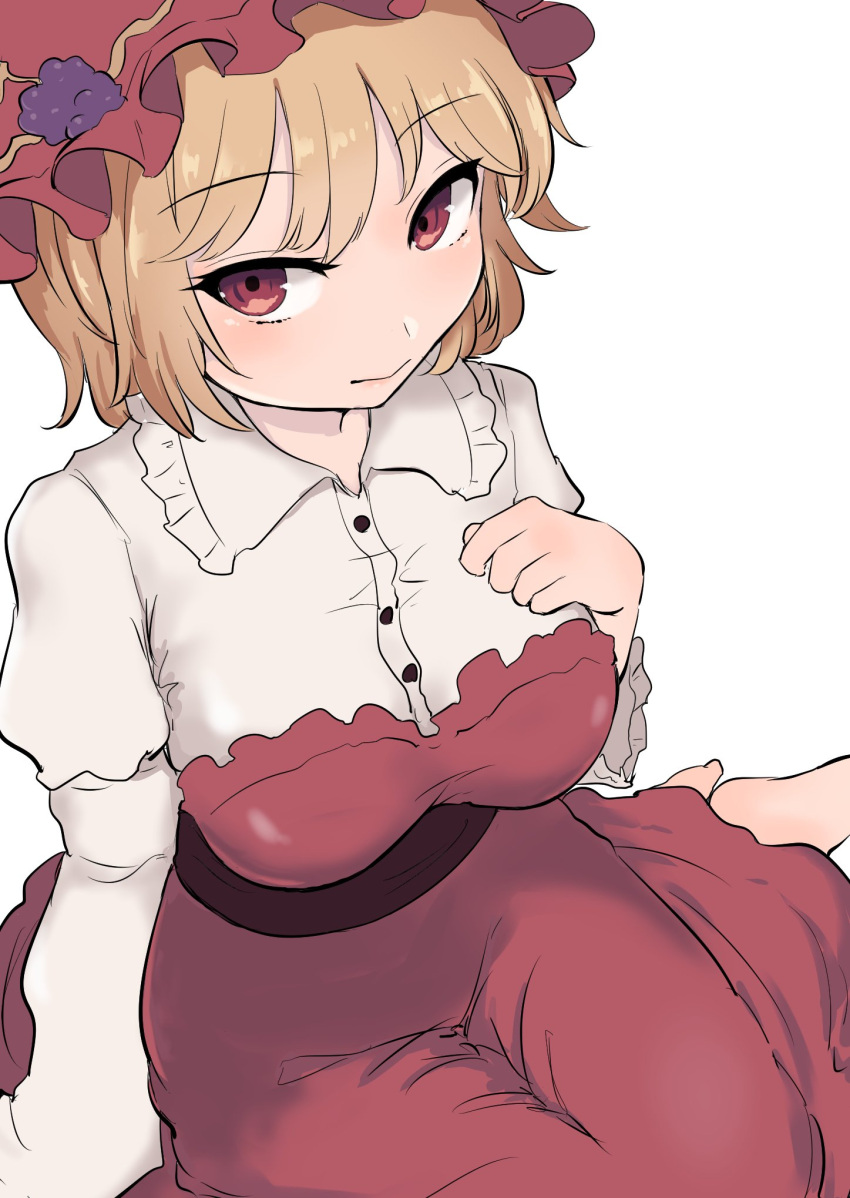 1girl aki_minoriko arm_support bangs barefoot blonde_hair blush breasts buttons closed_mouth collarbone dress eyebrows_visible_through_hair food frilled_shirt_collar frills from_above fruit grapes hand_on_own_chest hat highres juliet_sleeves large_breasts long_sleeves looking_at_viewer marsen mob_cap puffy_sleeves red_dress red_eyes red_headwear short_hair simple_background sitting solo touhou white_background yokozuwari