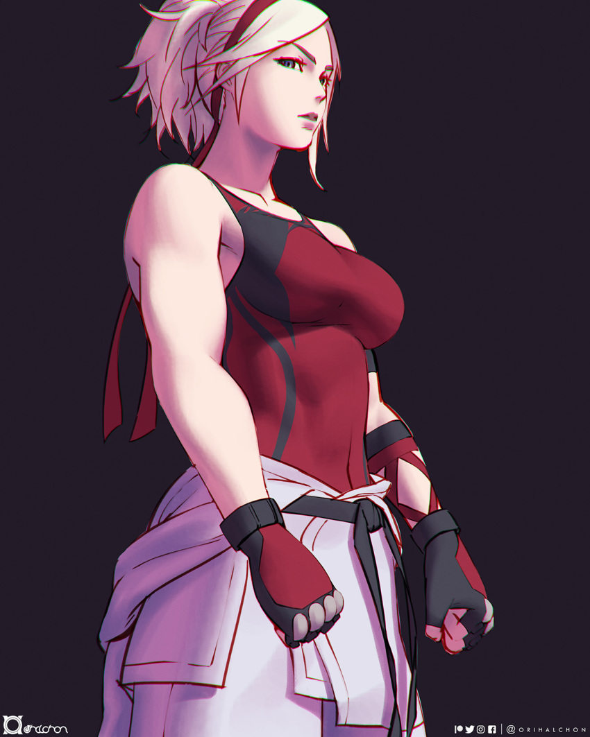 1girl belt black_background black_belt blonde_hair blue_eyes clenched_hands clothes_around_waist covered_abs covered_navel dougi fighting_stance fingerless_gloves furrowed_eyebrows gloves hairband highres karate_gi lidia_sobieska looking_at_viewer medium_hair namco orihalchon red_hairband red_tank_top short_ponytail sleeveless solo standing tank_top tekken tekken_7 toned