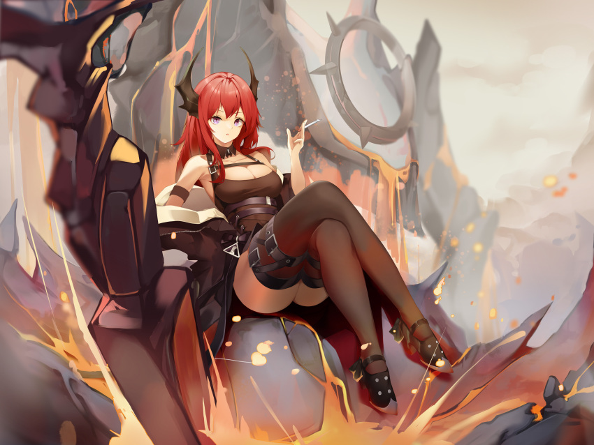 1girl absurdres arknights armband bangs bare_shoulders black_dress black_footwear black_legwear cigarette commentary crossed_legs dress hand_up highres holding holding_cigarette horns long_hair looking_at_viewer nevin_(flyskying) off_shoulder parted_lips redhead shoes sitting solo surtr_(arknights) symbol_commentary thigh-highs thighs violet_eyes