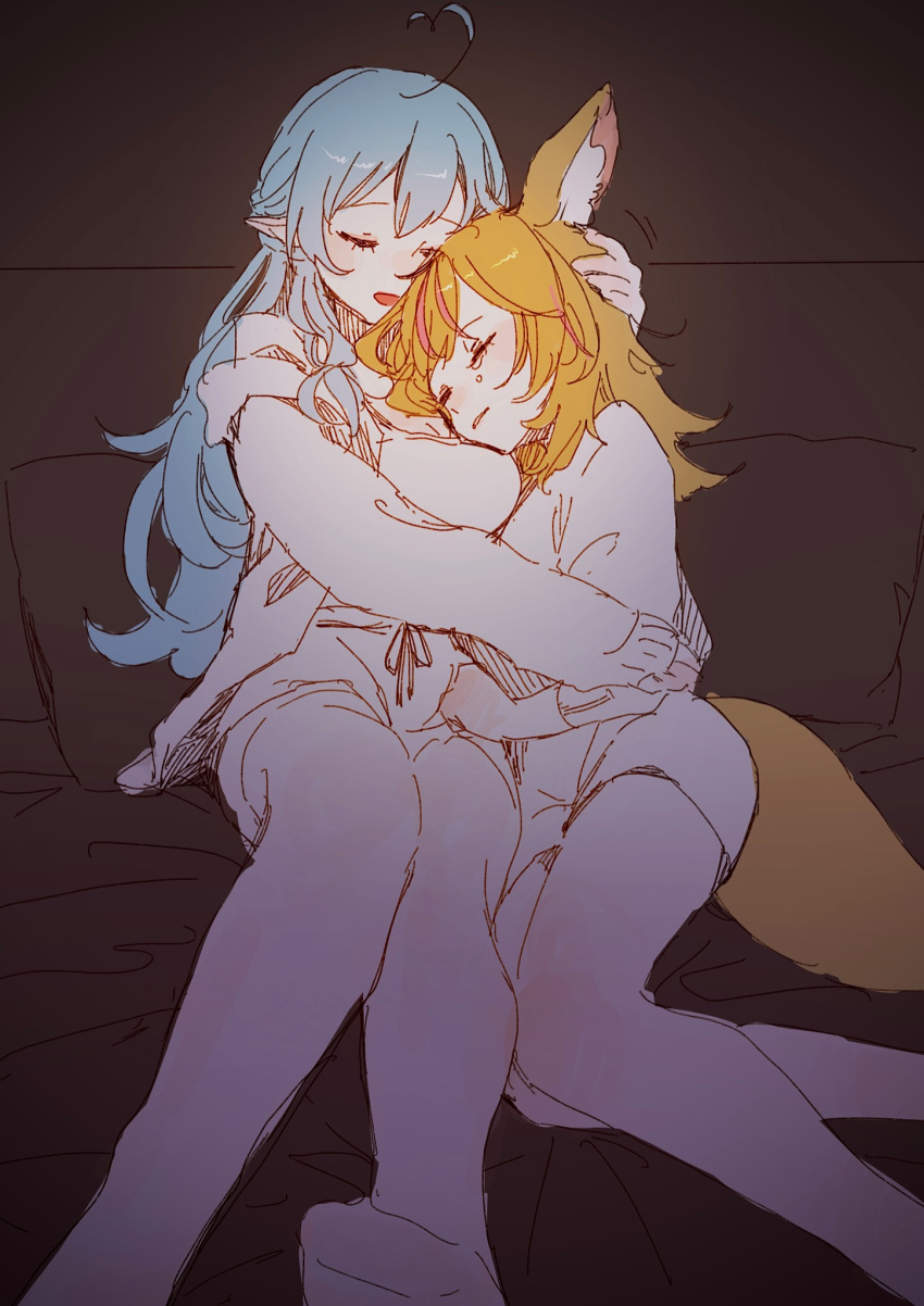 2girls ahoge animal_ears bare_legs bed bed_sheet blonde_hair blue_hair breasts closed_eyes crying elf fox_ears fox_girl fox_tail hand_on_another's_head highlights highres hololive hug large_breasts long_hair lying multicolored_hair multiple_girls omaru_polka open_mouth pillow pointy_ears tail thigh-highs virtual_youtuber wabi_darake yukihana_lamy
