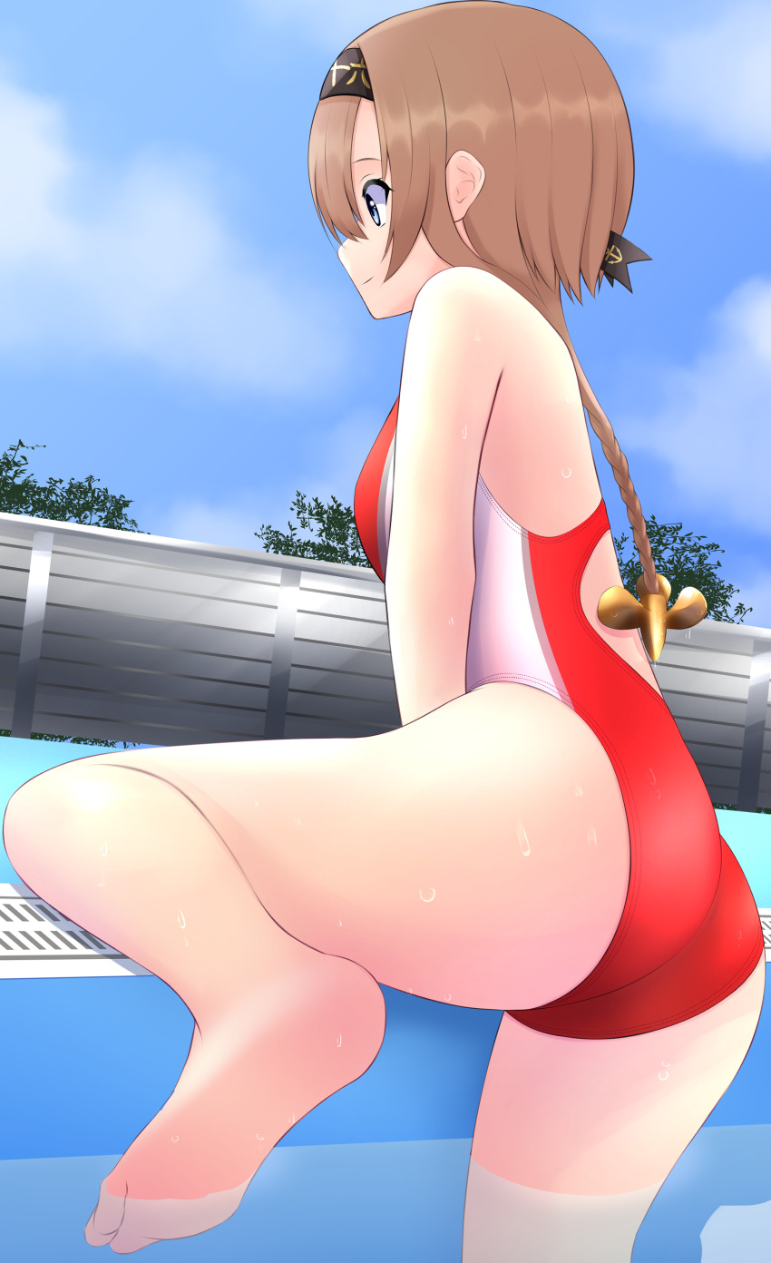 1girl absurdres ass back black_headband braid breasts clothes_writing competition_swimsuit day fence grey_eyes hachimaki hair_ornament hairband headband highleg highleg_swimsuit highres kantai_collection light_brown_hair long_hair looking_away nokonoko one-piece_swimsuit outdoors partially_submerged pool poolside propeller_hair_ornament red_swimsuit solo swimsuit teruzuki_(kancolle) twin_braids water wet wet_clothes wet_swimsuit