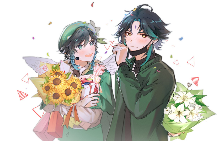 2boys ahoge androgynous arm_behind_back bag bangs bead_necklace beads beret black_hair blue_hair blush bouquet box braid cape clenched_hand closed_mouth crossed_arms diamond_(shape) earrings eyeshadow facial_mark flower forehead_mark genshin_impact gradient_hair green_eyes green_hair green_headwear green_jacket hat hat_flower headset highres holding holding_bag holding_bouquet homilily jacket jewelry leaf long_sleeves looking_at_another looking_at_viewer makeup male_focus mask mask_removed multicolored_hair multiple_boys necklace open_mouth parted_bangs red_eyeshadow short_hair_with_long_locks simple_background smile stud_earrings sunflower sweat twin_braids two-tone_hair venti_(genshin_impact) white_background white_flower xiao_(genshin_impact) yellow_eyes