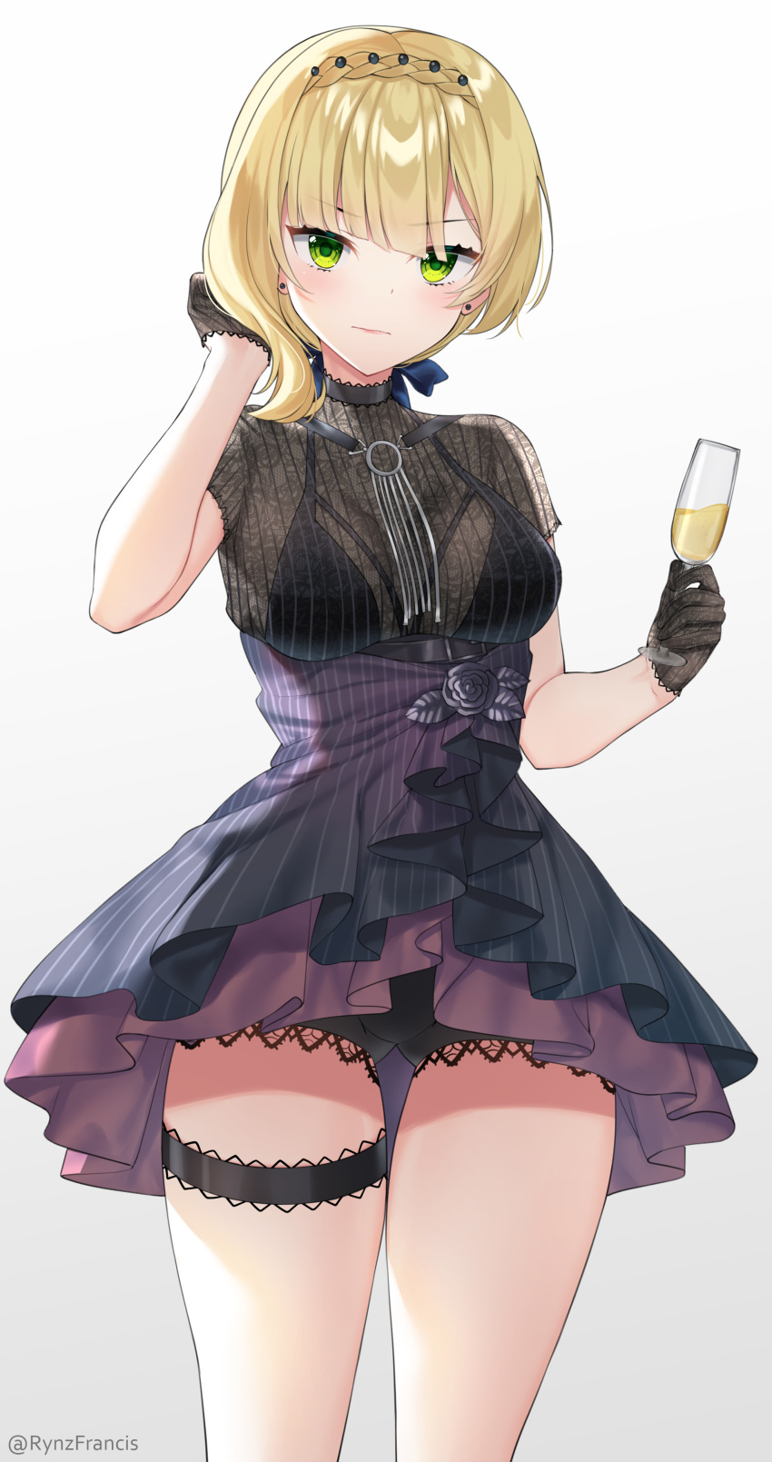 1girl absurdres artist_name black_bra black_choker black_gloves blonde_hair blush bra bra_strap bra_through_clothes braid breasts choker closed_mouth commentary_request cup dress dress_flower drinking_glass eye_piercing eyebrows_visible_through_hair french_braid girls_frontline gloves green_eyes hand_in_hair highres holding holding_cup looking_at_viewer medium_breasts medium_hair purple_dress rynzfrancis solo standing underwear welrod_mk2_(girls_frontline) white_background wine_glass