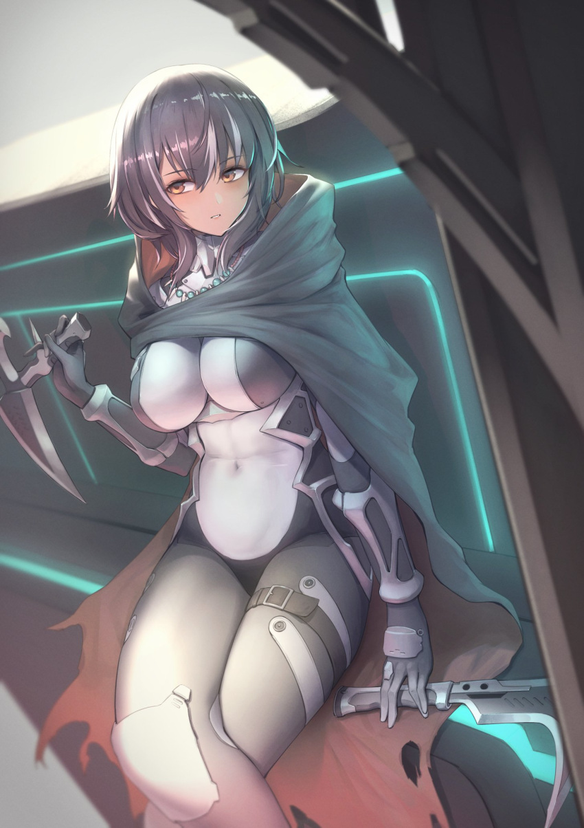 1girl bangs black_cloak black_hair bodysuit breasts brown_eyes cloak covered_navel crossed_legs eyebrows_visible_through_hair hair_between_eyes highres holding holding_weapon hood hooded_cloak indoors itaco jewelry large_breasts looking_to_the_side medium_breasts multicolored_hair necklace original parted_lips sitting solo streaked_hair thigh_strap weapon white_hair