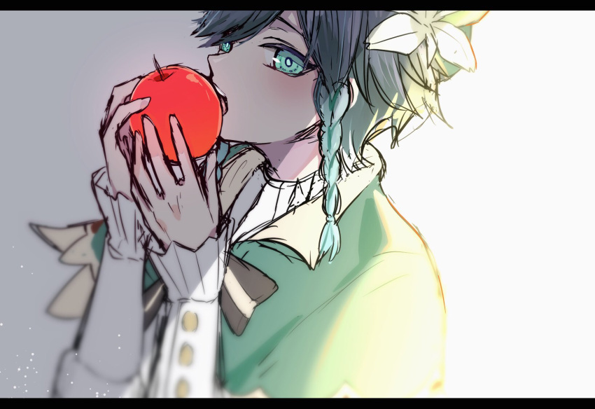 1boy androgynous apple bangs black_hair blue_hair blurry bow braid cape chiroron collared_cape collared_shirt eating flower food frilled_sleeves frills fruit genshin_impact gradient_hair green_eyes green_headwear hat hat_flower highres holding holding_food holding_fruit leaf long_sleeves male_focus multicolored_hair open_mouth shirt short_hair_with_long_locks simple_background solo twin_braids venti_(genshin_impact) white_background white_flower white_shirt