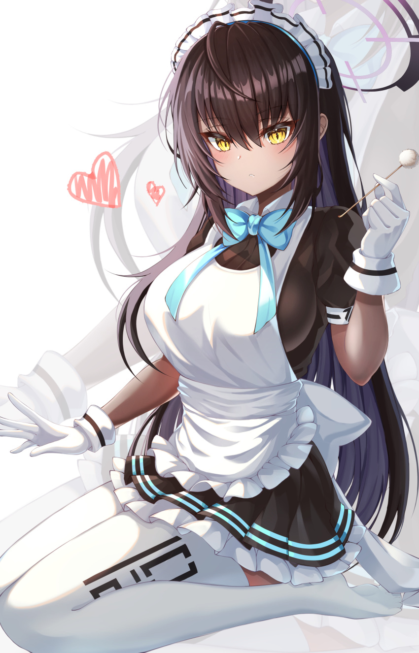 1girl absurdres apron bangs black_dress black_hair blue_archive blue_neckwear breasts commentary dark_skin dark-skinned_female dress eyebrows_visible_through_hair frilled_apron frilled_dress frills gloves halo hand_up heart highres holding karin_(blue_archive) lap_pillow_invitation large_breasts long_hair looking_at_viewer maid maid_headdress mimikaki nahanmin necktie no_shoes seiza short_sleeves sidelocks sitting solo thigh-highs very_long_hair white_apron white_gloves white_legwear yellow_eyes