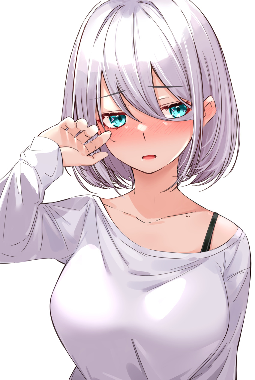 1girl absurdres aqua_eyes bangs blush breasts collarbone commentary_request embarrassed eyebrows_visible_through_hair fingernails flustered hair_between_eyes hand_on_own_cheek hand_on_own_face hand_up highres ichiki_1 large_breasts looking_away looking_to_the_side mole nose_blush off-shoulder_shirt off_shoulder open_mouth original shirt short_hair silver_hair simple_background solo upper_body white_background white_shirt
