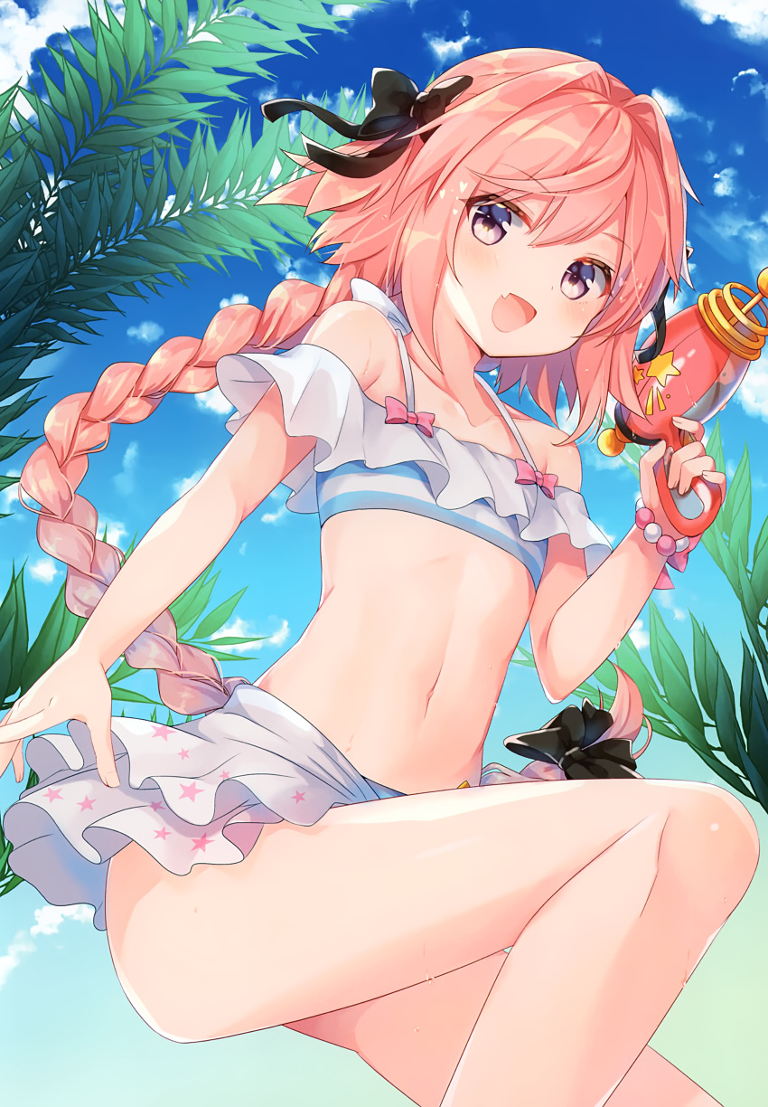 1boy absurdres astolfo_(fate) bare_shoulders bikini braid braided_ponytail bulge collarbone eyebrows_visible_through_hair eyes_visible_through_hair fate/apocrypha fate_(series) flat_chest gomano_rio hair_between_eyes highlights highres long_hair looking_at_viewer male male_focus midriff multicolored_hair navel open_mouth otoko_no_ko pink_hair simple_background solo swimsuit trap two-tone_hair violet_eyes water_gun white_hair