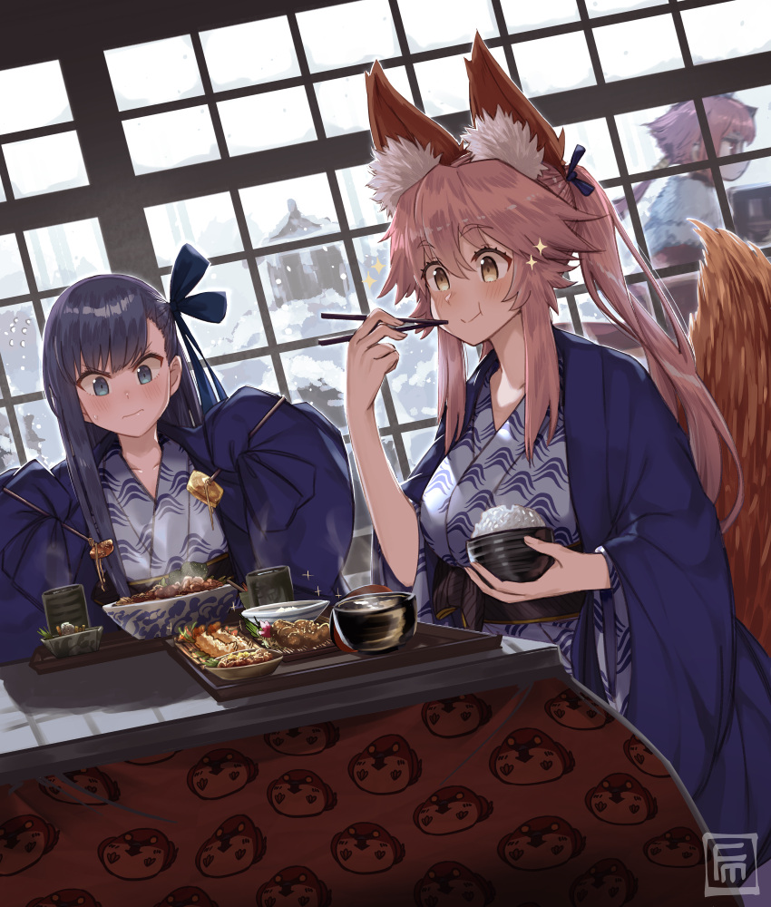 3girls animal_ear_fluff animal_ears bangs benienma_(fate) blue_eyes blue_ribbon blush breasts fate/extra fate/extra_ccc fate/grand_order fate_(series) fox_ears fox_girl fox_tail fumafu hair_between_eyes hair_ribbon highres large_breasts long_hair long_sleeves meltryllis_(fate) multiple_girls pink_hair purple_hair ribbon sidelocks sleeves_past_fingers sleeves_past_wrists small_breasts tail tamamo_(fate)_(all) tamamo_no_mae_(fate) very_long_hair yellow_eyes