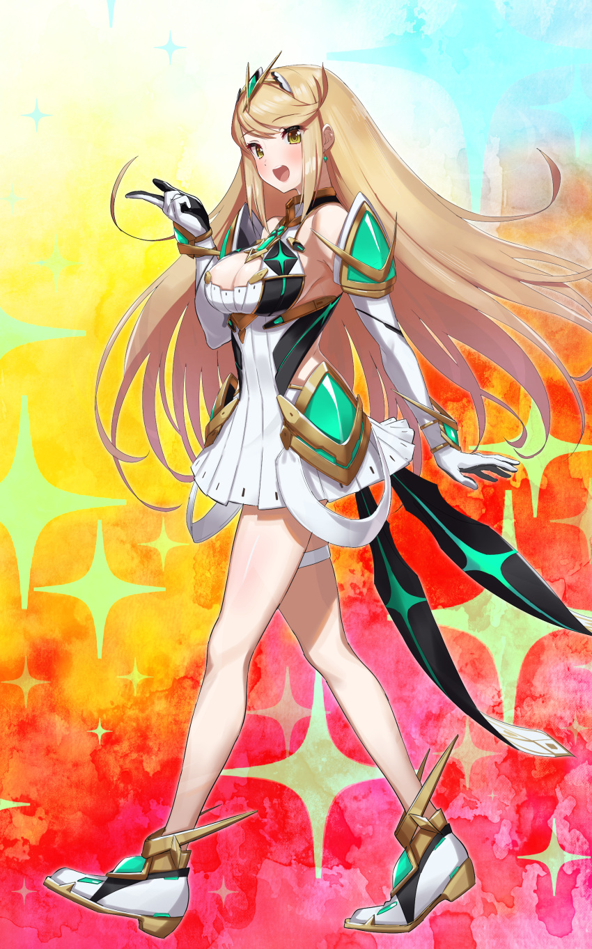1girl absurdres bangs bare_legs bare_shoulders blonde_hair breasts chest_jewel cleavage_cutout clothing_cutout dress earrings elbow_gloves gloves green322 highres jewelry large_breasts long_hair mythra_(xenoblade) short_dress swept_bangs thigh_strap tiara very_long_hair white_dress white_footwear white_gloves xenoblade_chronicles_(series) xenoblade_chronicles_2 yellow_eyes