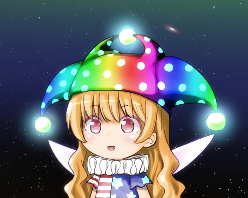 1girl :d bangs blonde_hair blue_dress clownpiece dress eyebrows_visible_through_hair fairy_wings glowing hat jester_cap long_hair neck_ruff nibi open_mouth polka_dot polka_dot_headwear print_dress rainbow_gradient red_eyes short_sleeves smile solo space star_(symbol) star_print striped striped_dress touhou upper_body wavy_hair white_wings wings