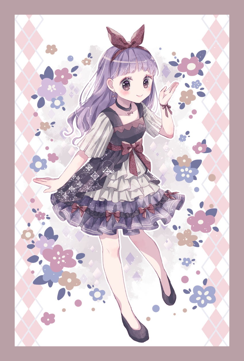 1girl blush bow dress flower frills full_body hair_bow hair_ribbon highres long_hair looking_at_viewer nakkii no_socks original purple_hair ribbon shoes smile solo violet_eyes