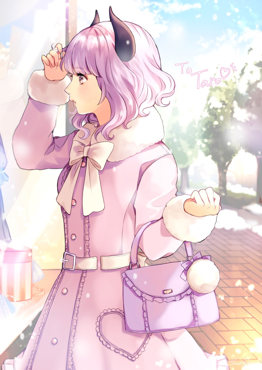 1girl bag bangs bow brown_eyes character_name clenched_hand commission english_commentary from_side fur_trim handbag highres horns indie_virtual_youtuber looking_ahead open_mouth pink_coat purple_bag purple_hair reflection second-party_source short_hair skeb_commission solo storefront taro_tapioca virtual_youtuber wawatiku white_bow window