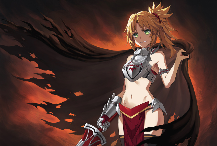 1girl armor bangs bare_shoulders black_legwear blonde_hair braid breastplate breasts brown_cape cape clarent_(fate) fate/apocrypha fate_(series) faulds french_braid green_eyes grin hair_ornament hair_scrunchie highres long_hair looking_at_viewer mordred_(fate) mordred_(fate)_(all) navel parted_bangs pelvic_curtain ponytail scrunchie sidelocks small_breasts smile sword thigh-highs thighs tonee weapon