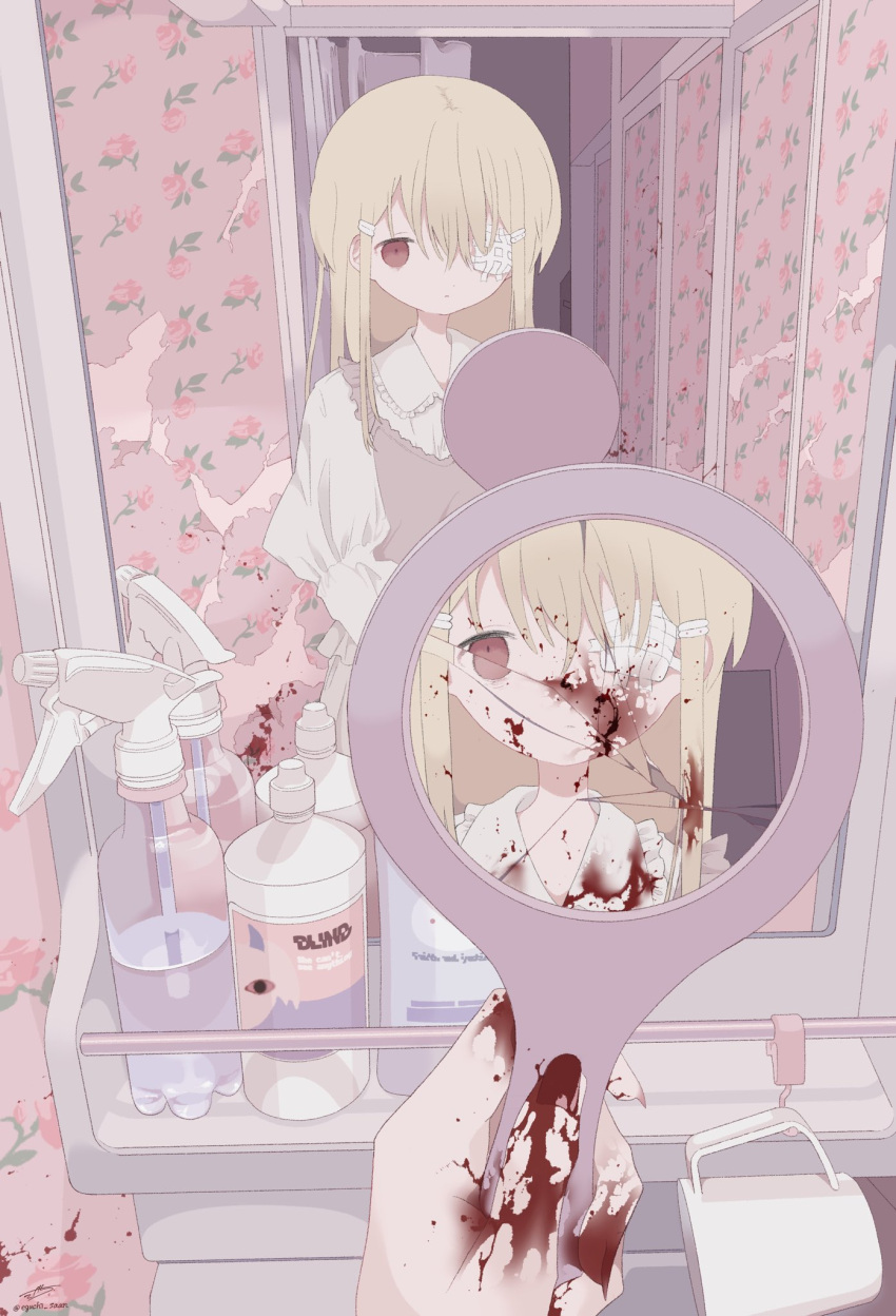 1girl artist_name bags_under_eyes bathroom blonde_hair blood blood_on_face blood_splatter bloody_clothes bloody_hands broken_mirror collared_dress commentary different_reflection dress eguchi_saan empty_eyes expressionless eyepatch frilled_dress frills hand_mirror highres holding holding_mirror indoors juliet_sleeves long_hair long_sleeves looking_at_mirror mirror mirror_image missing_eye one-eyed original pink_eyes puffy_sleeves reflection sidelocks signature solo standing wallpaper_(object) white_dress