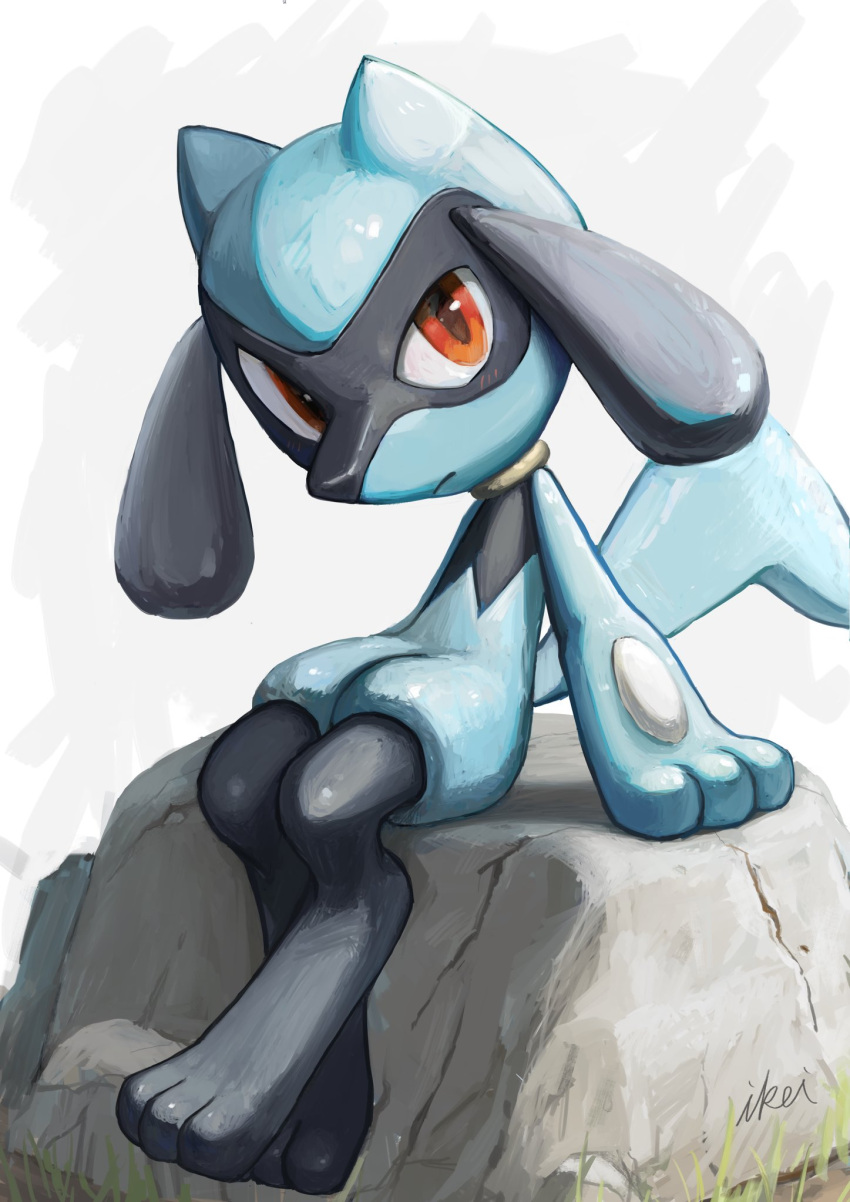 1boy animal_ears artist_name black_fur blue_fur blush body_fur child closed_mouth commentary expressionless full_body furry gen_4_pokemon grey_background highres ikei light_blush looking_at_viewer male_focus paws pokemon pokemon_(creature) red_eyes riolu rock signature simple_background sitting snout solo tail two-tone_fur wolf_boy