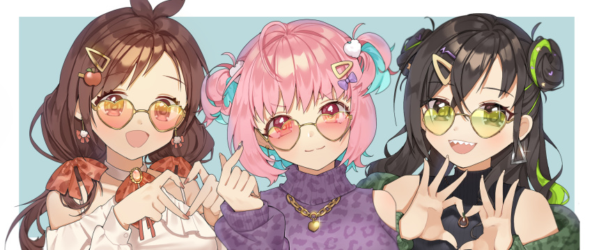 3girls ahoge antenna_hair bangs black_hair brown_hair double_bun earrings eyebrows_visible_through_hair finger_heart hair_ornament hair_ribbon heart heart-shaped_eyewear heart_hands highres idolmaster idolmaster_cinderella_girls jewelry ji-yongssi low_twintails manicure multiple_girls necklace pink_hair ribbon smile sunazuka_akira tsujino_akari twintails two_side_up upper_body yumemi_riamu