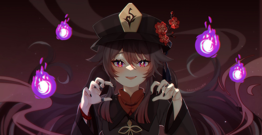 1girl :d artist_name bangs black_hair black_nails blush claw_pose commentary english_commentary eyebrows_visible_through_hair fang floating_hair flower genshin_impact hair_between_eyes hat hat_flower highres hitodama hu_tao jewelry long_hair long_sleeves looking_at_viewer open_mouth ring savi_(byakushimc) sidelocks smile solo symbol-shaped_pupils upper_body violet_eyes wide_sleeves