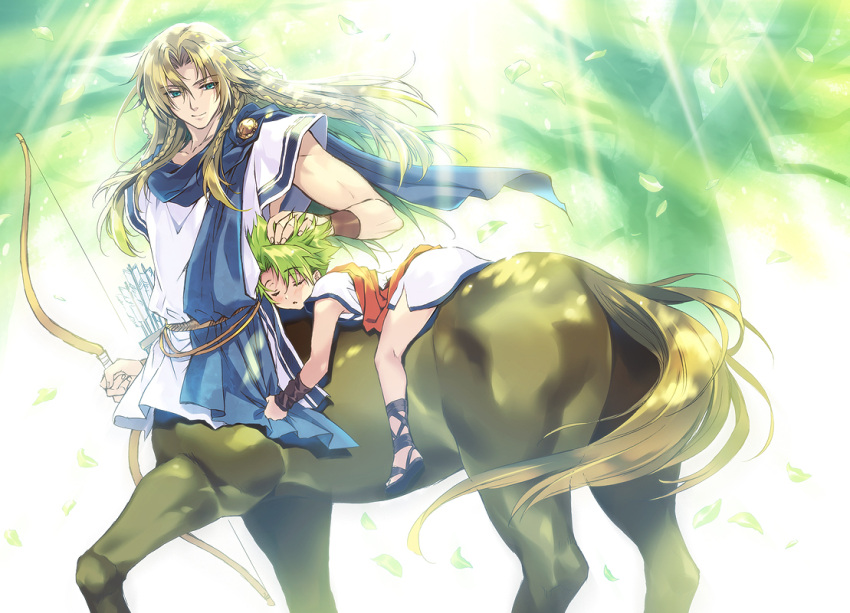 2boys achilles_(fate) alternate_costume arrow_(projectile) bangs belt bow_(weapon) bracer braid brown_hair carnelian centaur child chiron_(fate) closed_mouth eyebrows_visible_through_hair fate/apocrypha fate_(series) floating_hair green_eyes green_hair holding holding_bow_(weapon) holding_weapon horseback_riding leaf long_hair looking_at_another male_focus monster_boy multiple_boys outdoors petting riding sandals short_hair short_sleeves sleeping smile sunlight taur tree weapon younger