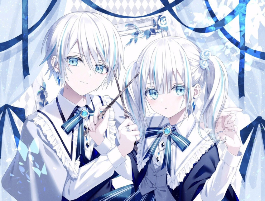 1boy 1girl aqua_eyes blue_neckwear capelet closed_mouth collar dress earrings holding holding_hands holding_wand interlocked_fingers jewelry kazunehaka looking_at_viewer matching_outfit multicolored_hair original short_hair siblings twins twintails two-tone_hair upper_body wand white_hair