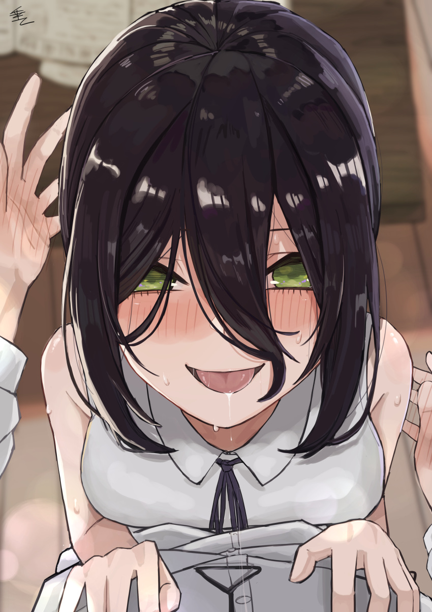 1boy 1girl absurdres after_kiss black_hair black_neckwear black_ribbon blurry blurry_background blush breasts chainsaw_man collared_shirt commentary cumene denji_(chainsaw_man) from_above green_eyes hair_between_eyes hand_blush hetero highres looking_at_viewer medium_breasts neck_ribbon open_mouth pov reze_(chainsaw_man) ribbon saliva saliva_trail shiny shiny_hair shirt short_hair signature sleeveless sleeveless_shirt smile solo_focus sweat tongue tongue_out upper_body white_shirt