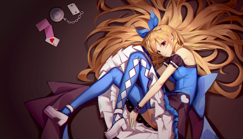 1girl absurdres alice_(wonderland) alice_in_wonderland apron blonde_hair bow card diamond_(symbol) dress hair_ribbon highres leggings long_hair looking_at_viewer lying on_side playing_card pocket_watch ramboo ramboo_pdy03 red_eyes ribbon solo watch