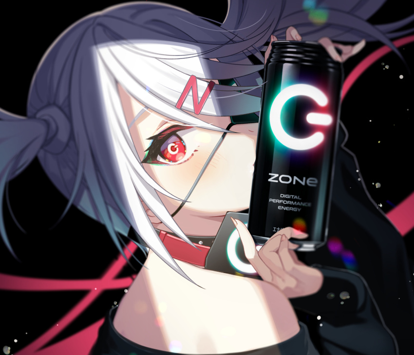 1girl bangs bare_shoulders black_background blush can choker dive_to_zone eyelashes fingernails hair_ornament hairclip highres long_sleeves looking_at_viewer off_shoulder power_symbol red_eyes shigure_ui solo twintails white_hair