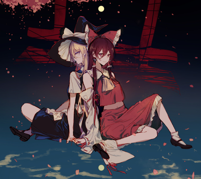 2girls ascot back-to-back black_footwear black_headwear black_skirt black_vest blonde_hair bow braid breasts brown_hair cherry_blossoms closed_mouth commentary crop_top crop_top_overhang detached_sleeves full_body full_moon hair_between_eyes hair_bow hair_tubes hakurei_reimu hat highres holding_hands kirisame_marisa long_hair looking_at_viewer looking_back medium_breasts midriff moon multiple_girls navel nontraditional_miko petals raito47 red_bow red_eyes red_skirt shirt shoes side_braid sidelocks sitting skirt smile socks straight_hair string string_of_fate torii touhou upside-down vest white_footwear white_shirt witch_hat yellow_eyes yellow_neckwear yuri