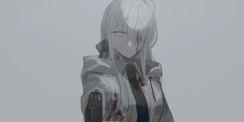1girl bangs black_neckwear blood blood_on_face bloody_clothes breasts chihuri collared_shirt drawstring grey_background grey_eyes grey_hair gun hair_over_one_eye handgun highres holding holding_gun holding_weapon hood hood_down hooded_jacket jacket long_hair medium_breasts necktie open_clothes open_jacket original parted_lips pistol shirt simple_background sketch solo upper_body weapon white_jacket white_shirt zoya_petrovna_vecheslova
