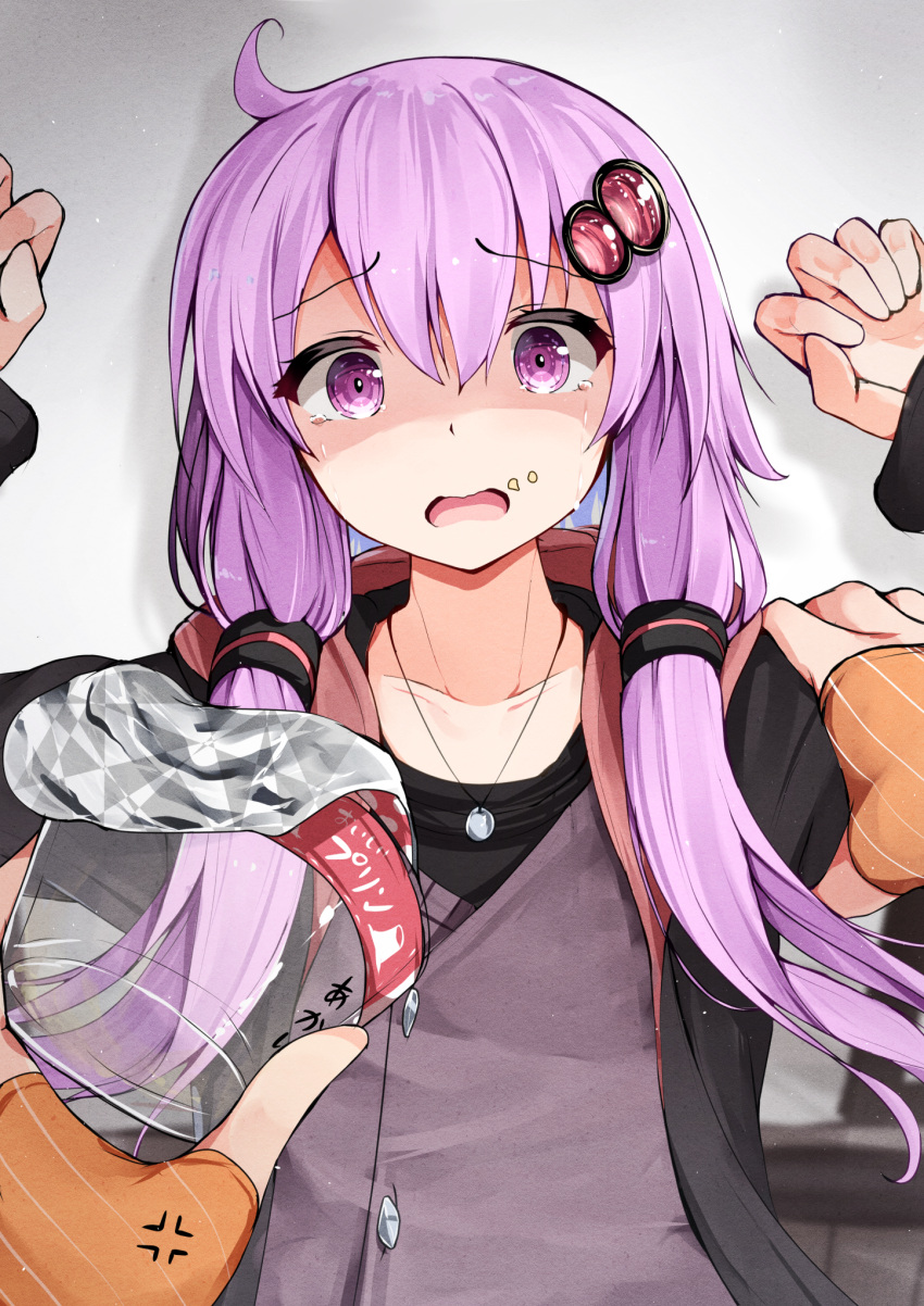 2girls ahoge anger_vein arms_up bangs black_jacket collarbone crying crying_with_eyes_open eyebrows_visible_through_hair female_pov fingerless_gloves food food_on_face food_theft gloves hair_ornament hairclip highres holding jacket jewelry kizuna_akari long_hair long_sleeves multiple_girls necklace open_clothes open_jacket open_mouth orange_gloves pov purple_hair scared se-u-ra shaded_face shoulder_grab striped striped_gloves tears translation_request violet_eyes vocaloid voiceroid yuzuki_yukari