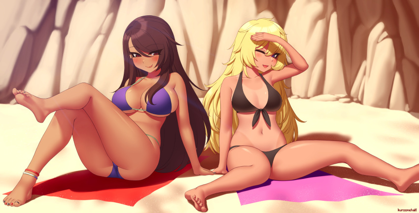 2girls :p ;d artist_name bangs bare_arms bare_legs bare_shoulders barefoot beach bikini black_bikini black_nails blanket blonde_hair blush breasts brown_hair collarbone commentary commission eyebrows_visible_through_hair eyes_visible_through_hair feet full_body highres kuroonehalf large_breasts long_hair looking_at_viewer multiple_girls navel one-piece_tan one_eye_closed open_mouth original purple_bikini red_eyes red_nails sitting smile swimsuit tan tanline toenail_polish tongue tongue_out very_long_hair violet_eyes