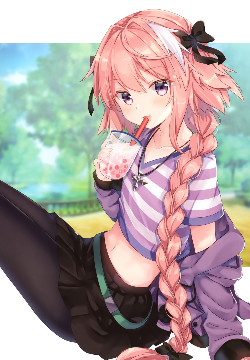 1boy absurdres astolfo_(fate) bangs black_bow black_legwear black_skirt blush bow braid collarbone cup day drinking_straw eyebrows_visible_through_hair fang fate_(series) gomano_rio hair_bow hair_intakes hair_ribbon highres holding holding_cup jacket jewelry long_hair long_sleeves looking_at_viewer male_focus memories_at_trifas midriff multicolored_hair navel necklace off_shoulder open_mouth otoko_no_ko outdoors pantyhose pink_hair purple_jacket purple_shirt ribbon shirt single_braid skirt smile solo streaked_hair violet_eyes