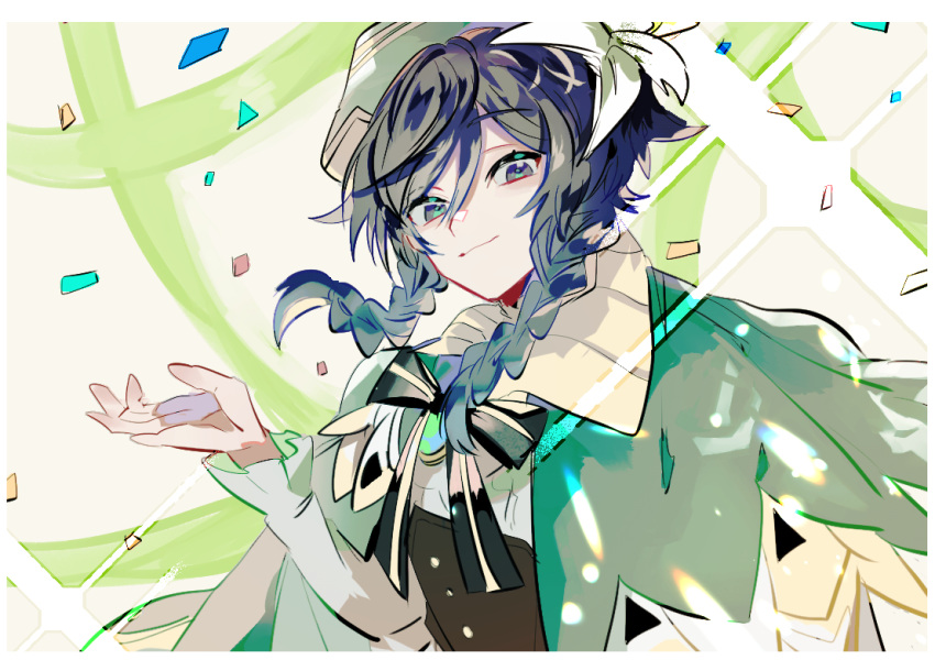 1boy androgynous bangs beret black_hair blue_eyes bow braid brooch cape closed_mouth collared_cape confetti corset eyebrows_visible_through_hair flower frilled_sleeves frills gem genshin_impact green_headwear hair_flower hair_ornament hat jewelry long_sleeves looking_at_viewer loomyoi2 male_focus shirt short_hair_with_long_locks simple_background smile solo twin_braids venti_(genshin_impact) white_flower white_shirt