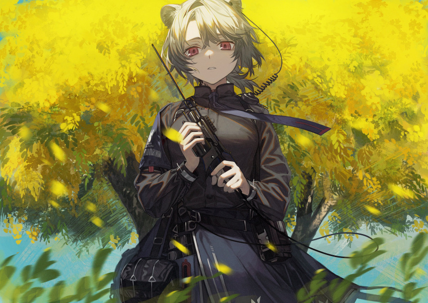 1girl absinthe_(arknights) animal_ear_fluff animal_ears arknights bag bangs bear_ears bear_girl black_jacket blue_neckwear blue_skirt commentary_request day grey_hair hairband highres holding holding_weapon jacket ji_mag_(artist) long_sleeves looking_at_viewer necktie outdoors plant red_eyes short_hair skirt solo standing tree weapon