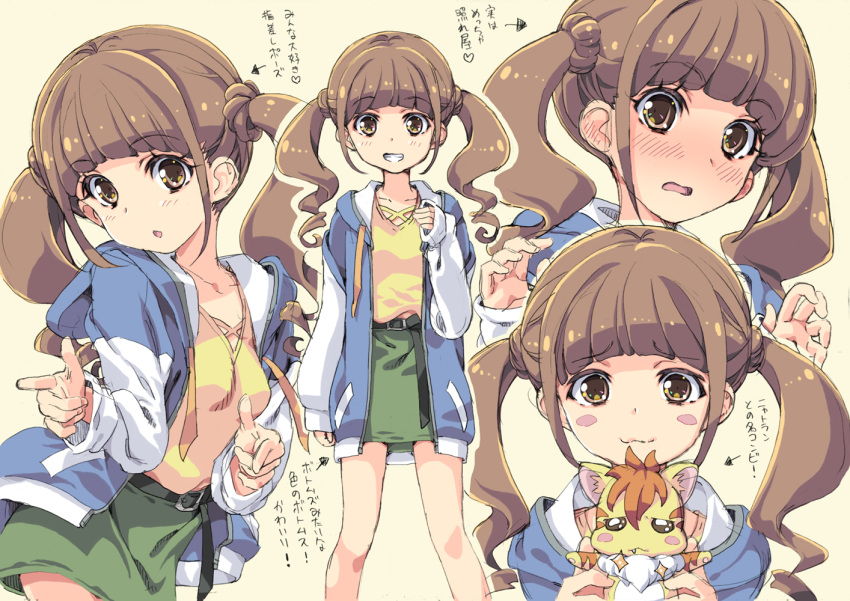 1girl :3 :d :o animal blue_hoodie blush blush_stickers breasts brown_eyes brown_hair chestnut_mouth closed_mouth collarbone commentary_request cropped_arms cropped_torso drill_hair embarrassed eyebrows_visible_through_hair finger_gun green_belt green_skirt grin hands_up healin'_good_precure healing_animal healing_wand hiramitsu_hinata holding holding_animal homing_(areya) hood hoodie long_sleeves looking_at_viewer multiple_views nose_blush nyatoran_(precure) open_clothes open_hoodie open_mouth pose precure shirt simple_background skirt sleeves_past_wrists small_breasts smile solo translation_request twin_drills twintails upper_body white_sleeves yellow_background yellow_shirt