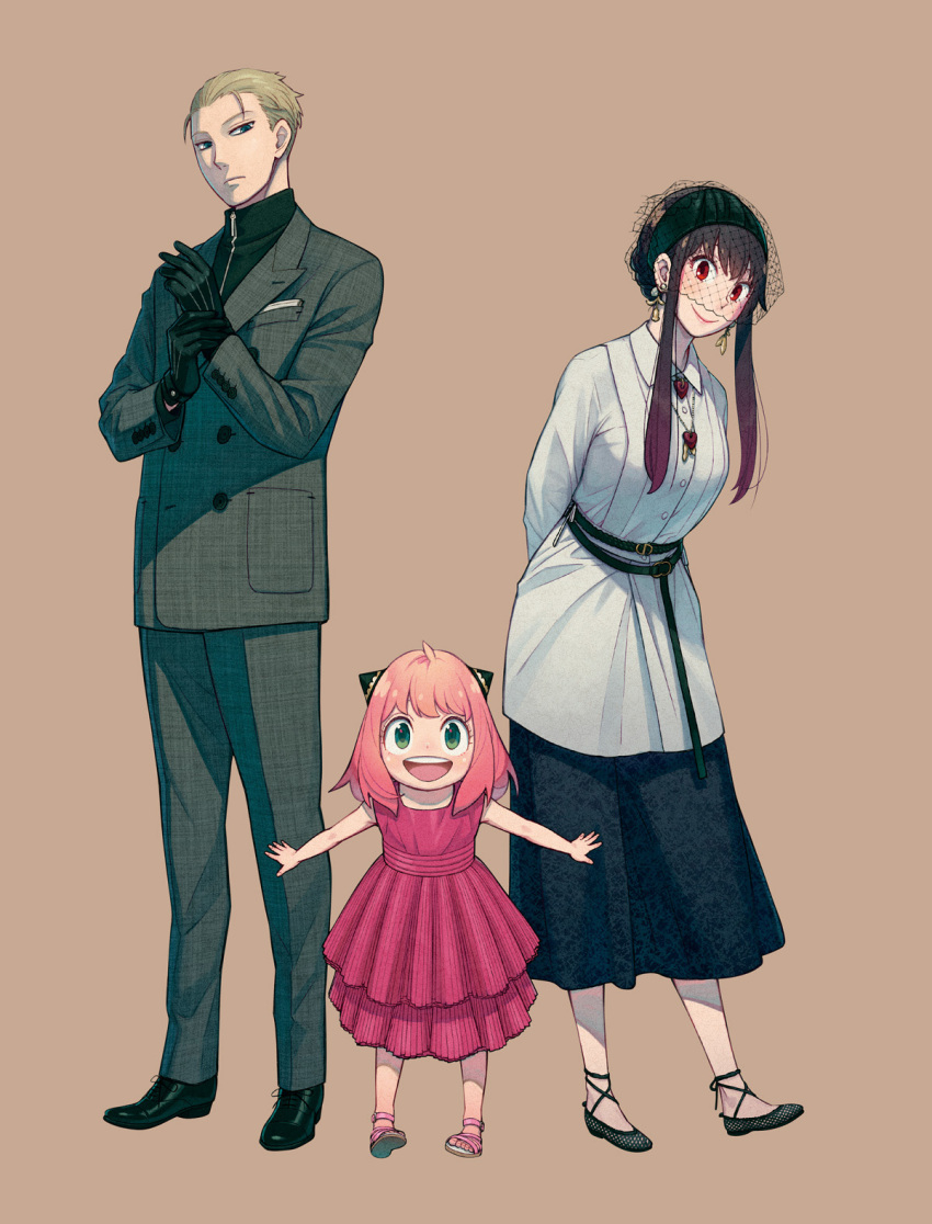 1boy 2girls alternate_costume ania_(spy_x_family) dior dress endou_tatsuya father_and_daughter formal gloves highres husband_and_wife long_skirt mother_and_daughter multiple_girls official_art pink_dress product_placement skirt spy_x_family suit tasogare_(spy_x_family) yoru_briar