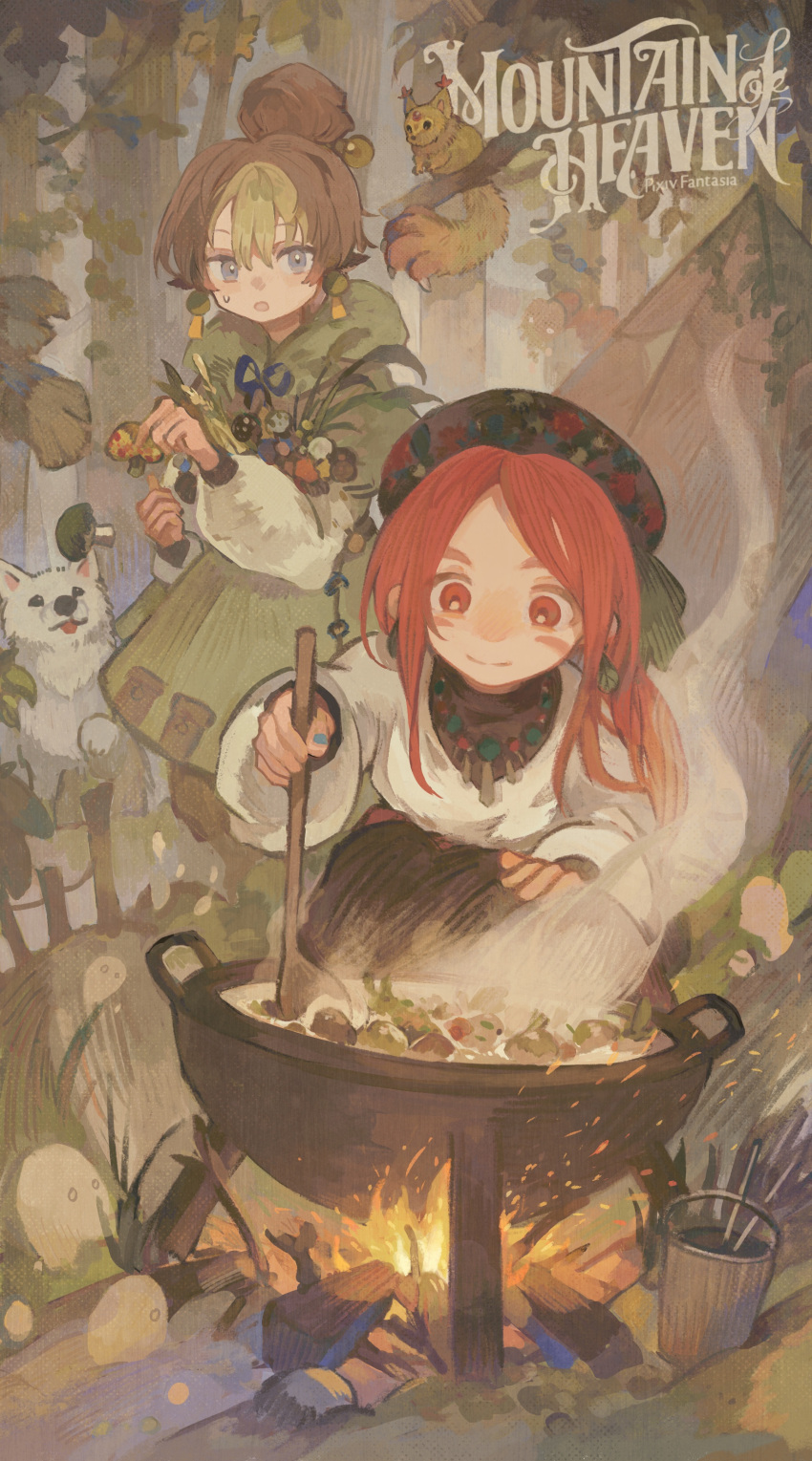 1boy 1girl absurdres agneta_(mountain_of_heaven) animal animal_ears blonde_hair blue_eyes brown_hair bucket copyright_name dog fire forest hair_bun highres jewelry juneliu927 long_hair luo_(mountain_of_heaven) multicolored_hair mushroom nature necklace outdoors pixiv_fantasia pixiv_fantasia_mountain_of_heaven pot red_eyes redhead short_hair spoon steam stew sweat tent two-tone_hair