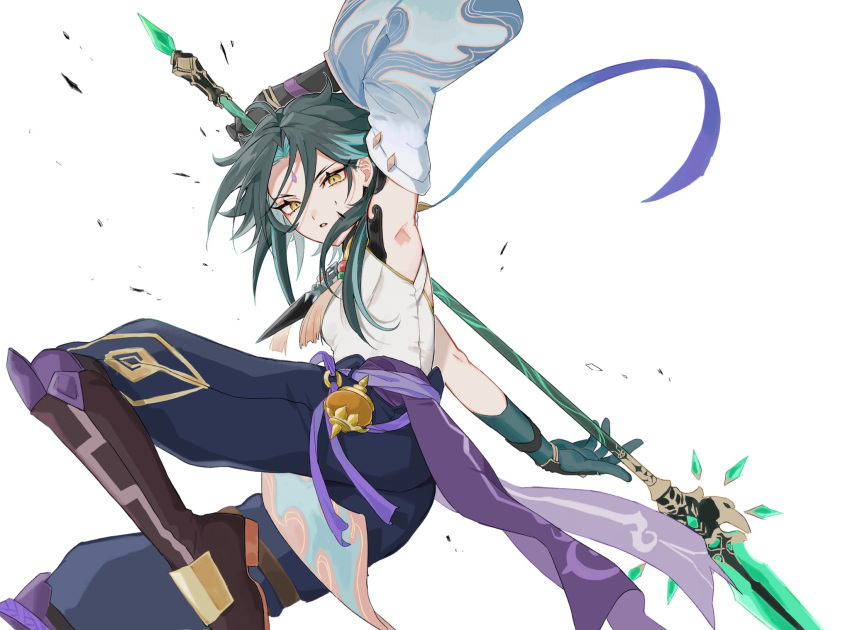 1boy arm_guards arm_up armor armpits asymmetrical_clothes bangs bead_necklace beads black_gloves black_hair detached_sleeves diamond_(shape) eyeshadow facial_mark forehead_mark genshin_impact gloves green_gloves green_hair highres holding holding_spear holding_weapon jewelry makeup male_focus multicolored_hair necklace open_mouth parted_bangs pendant polearm red_eyeshadow short_hair_with_long_locks simple_background single_bare_shoulder single_detached_sleeve slit_pupils solo spear sushi_171 tassel two-tone_hair weapon white_background wide_sleeves xiao_(genshin_impact) yellow_eyes