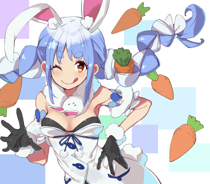 1girl :p animal_ear_fluff animal_ears armpits bangs black_gloves blue_hair bow braid breasts bunny-shaped_pupils carrot carrot_hair_ornament detached_sleeves don-chan_(usada_pekora) dress eyebrows_visible_through_hair food_themed_hair_ornament fur_scarf fur_trim gloves hair_between_eyes hair_bow hair_ornament hand_on_hip highres hololive long_hair looking_at_viewer multicolored_hair one_eye_closed orange_eyes pom_pom_(clothes) puffy_short_sleeves puffy_sleeves rabbit_ears rabbit_girl short_dress short_eyebrows short_sleeves simple_background solo strapless strapless_dress thick_eyebrows tongue tongue_out twin_braids two-tone_hair usada_pekora ushiki_yoshitaka virtual_youtuber white_bow white_dress white_hair