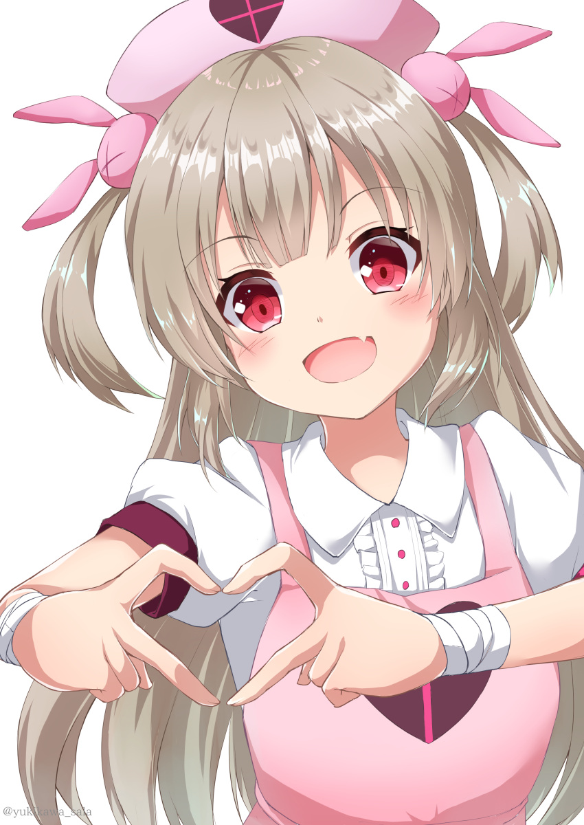 1girl :d absurdres apron bandaged_arm bandaged_wrist bandages blush bunny_hair_ornament center_frills collared_shirt eyebrows_visible_through_hair fang frilled_shirt frills hair_ornament hat heart heart_hands highres light_brown_hair long_hair looking_at_viewer natori_sana nurse_cap open_mouth pink_apron red_eyes sana_channel shirt short_sleeves simple_background skin_fang smile solo two_side_up upper_body virtual_youtuber white_background white_shirt wing_collar yukikawa_sara