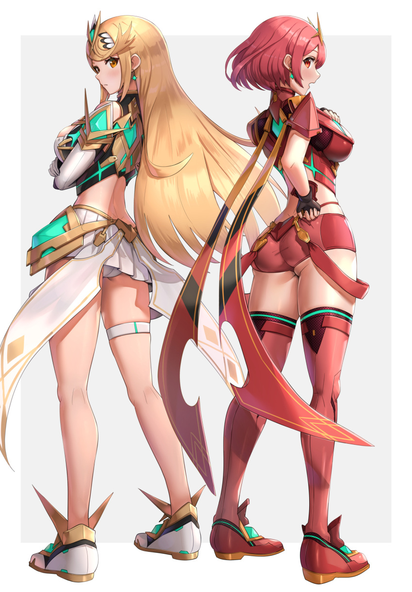 2girls bangs bare_legs bare_shoulders black_gloves blonde_hair breasts chest_jewel cleavage_cutout clothing_cutout dress earrings elbow_gloves fingerless_gloves gloves gonzarez highres jewelry large_breasts long_hair mythra_(xenoblade) pyra_(xenoblade) red_eyes red_legwear red_shorts redhead short_dress short_hair short_shorts shorts swept_bangs thigh-highs thigh_strap tiara very_long_hair white_dress white_footwear white_gloves xenoblade_chronicles_(series) xenoblade_chronicles_2 yellow_eyes