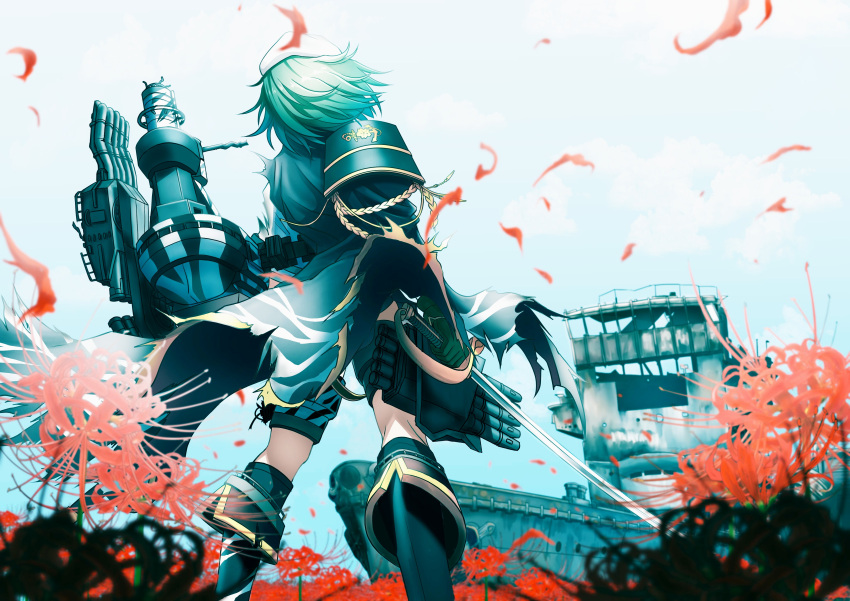 1girl absurdres armor black_gloves boots cape flower from_behind gloves green_hair hat highres holding holding_sword holding_weapon kantai_collection kiso_(kancolle) knee_boots muzzuleflash outdoors petals red_flower remodel_(kantai_collection) rigging sky solo spider_lily standing sword torn_cape torn_clothes watercraft weapon white_headwear