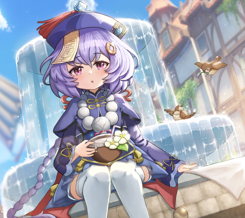 1girl absurdres bangs bead_necklace beads bird blue_dress blue_headwear blue_sky blush braid braided_ponytail breasts coconut coin_hair_ornament dress drinking_straw flower fountain fruit_cup genshin_impact hat highres jewelry jiangshi long_hair long_sleeves looking_at_viewer necklace ofuda open_mouth purple_hair qing_guanmao qiqi_(genshin_impact) sitting sky small_breasts thigh-highs thighs very_long_hair violet_eyes water white_legwear woodpecker_(alsdndlekd)